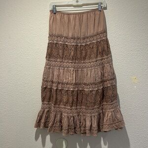 Y2K VINTAGE BROWN LACE & SEQUIN BOHO MAXI SKIRT FESTIVAL CONCERT VIBES